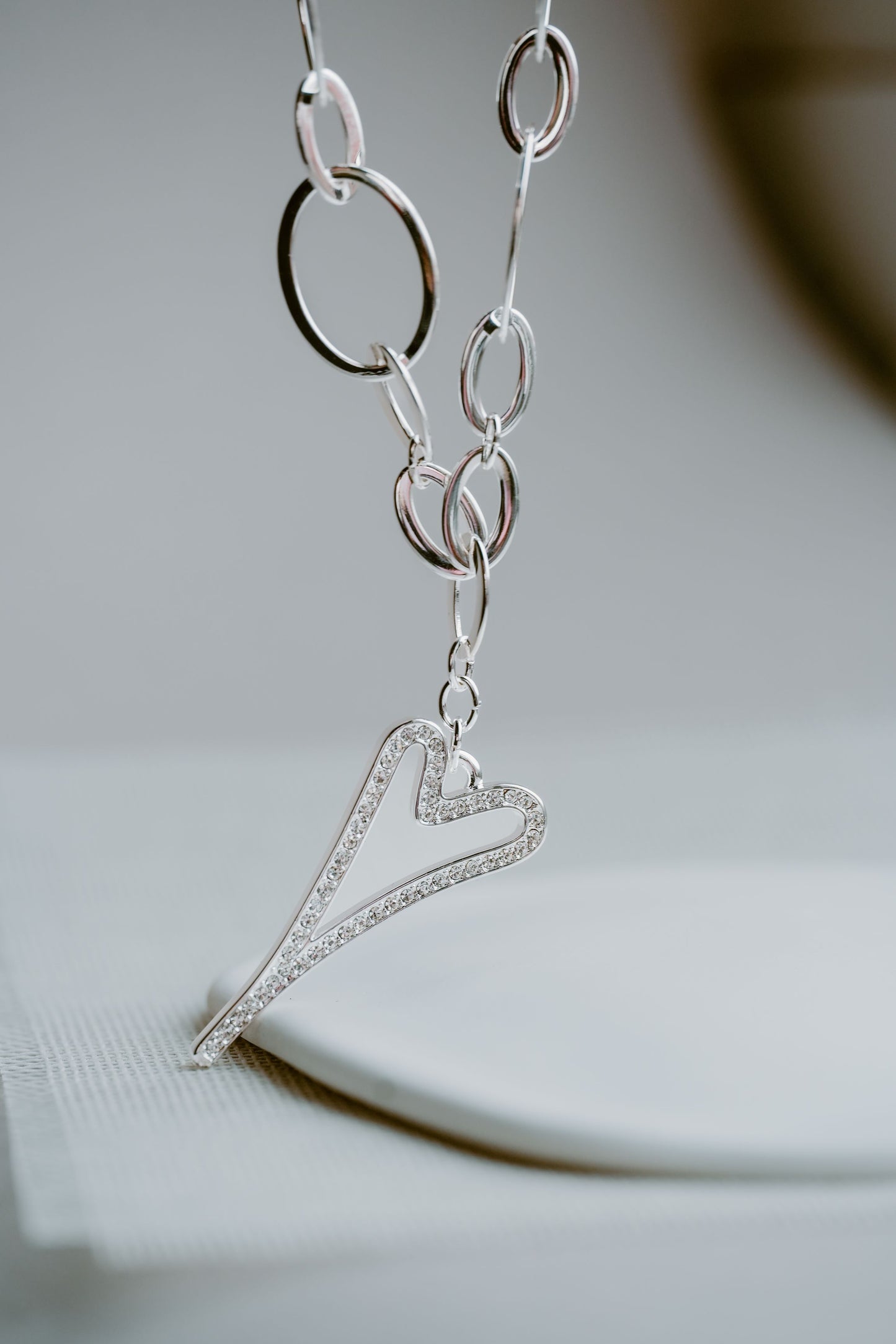 Necklace Silver 70cm multi link with a Hollow Diamante Heart *