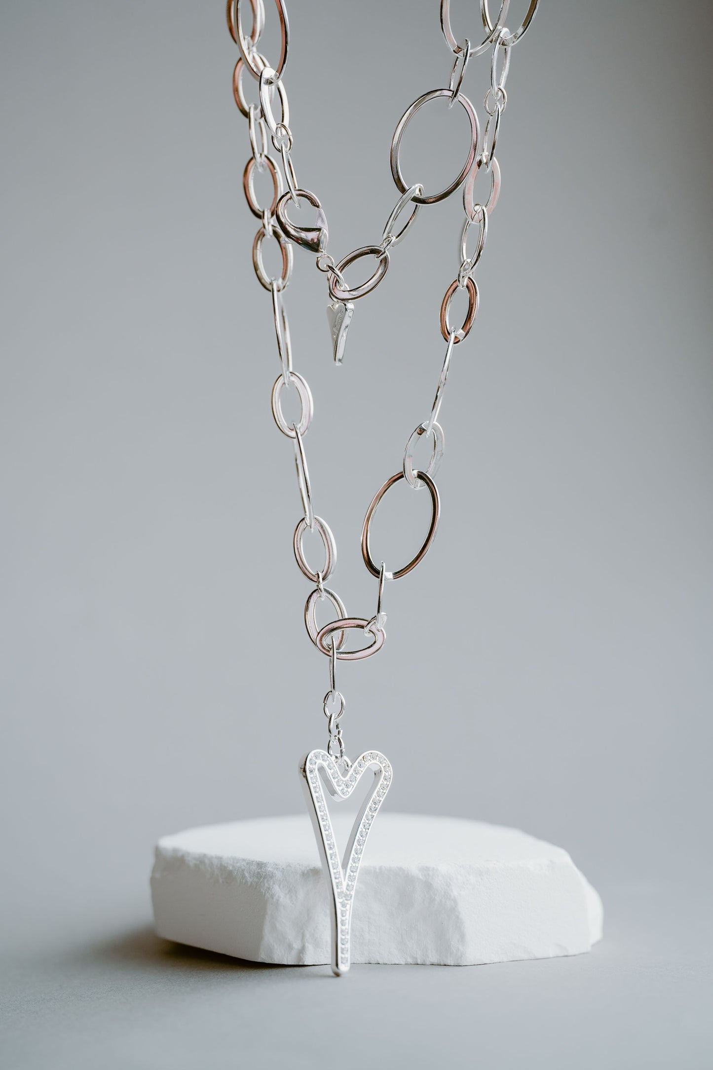 Necklace Silver 70cm multi link with a Hollow Diamante Heart *