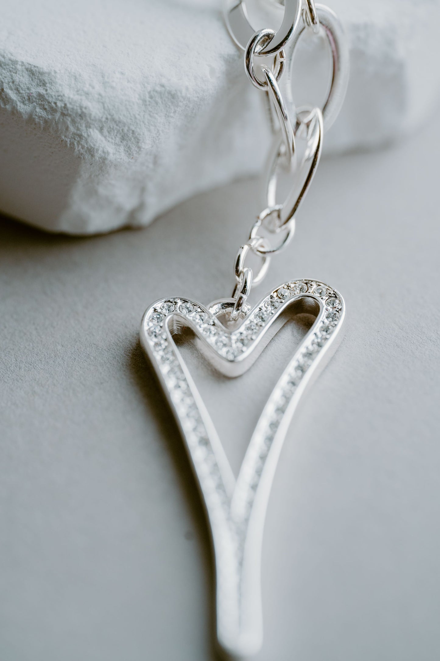 Necklace Silver 70cm multi link with a Hollow Diamante Heart *