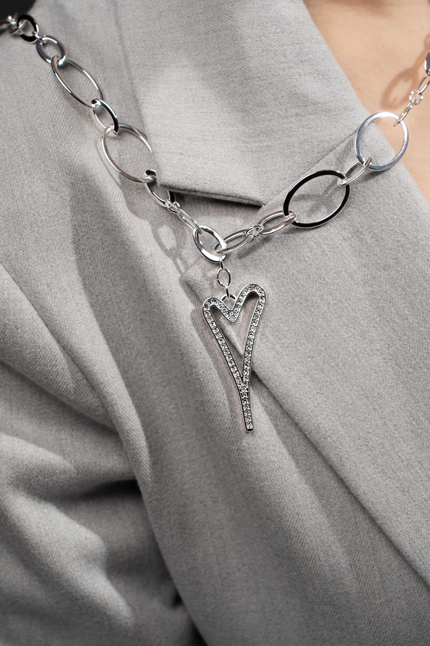 Necklace Silver 85cm multi link with a Hollow Diamante Heart