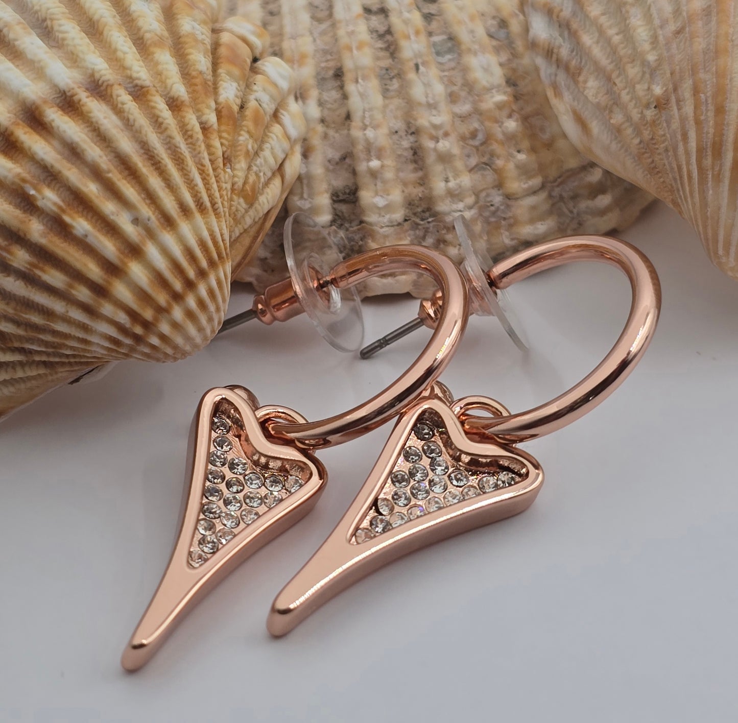 ROSE GOLD HOOPS WITH ROSE GOLD DIAMANTE HEART  *