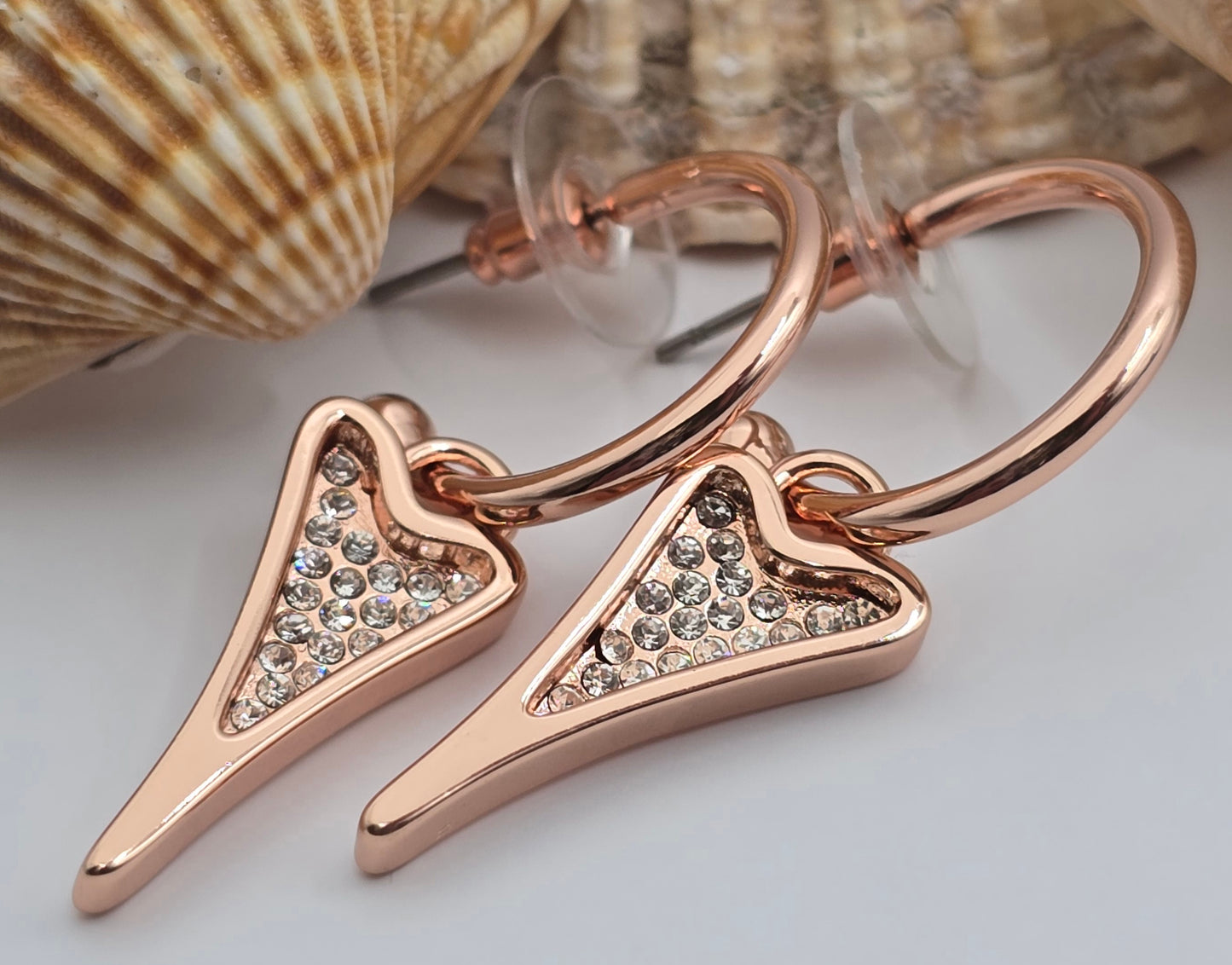 ROSE GOLD HOOPS WITH ROSE GOLD DIAMANTE HEART  *