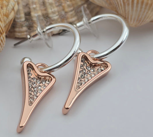 SILVER HOOPS WITH ROSE GOLD DIAMANTE HEART*