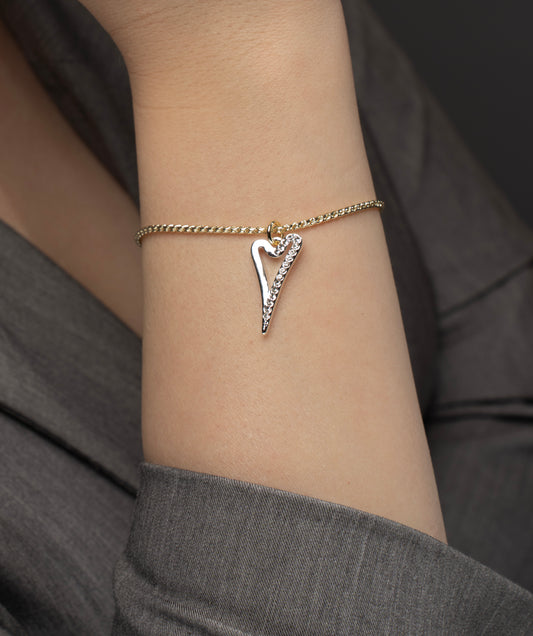 NEW!!! Bracelet Silver/Yellow gold Hollow heart 1/2 Plain 1/2 Diamante