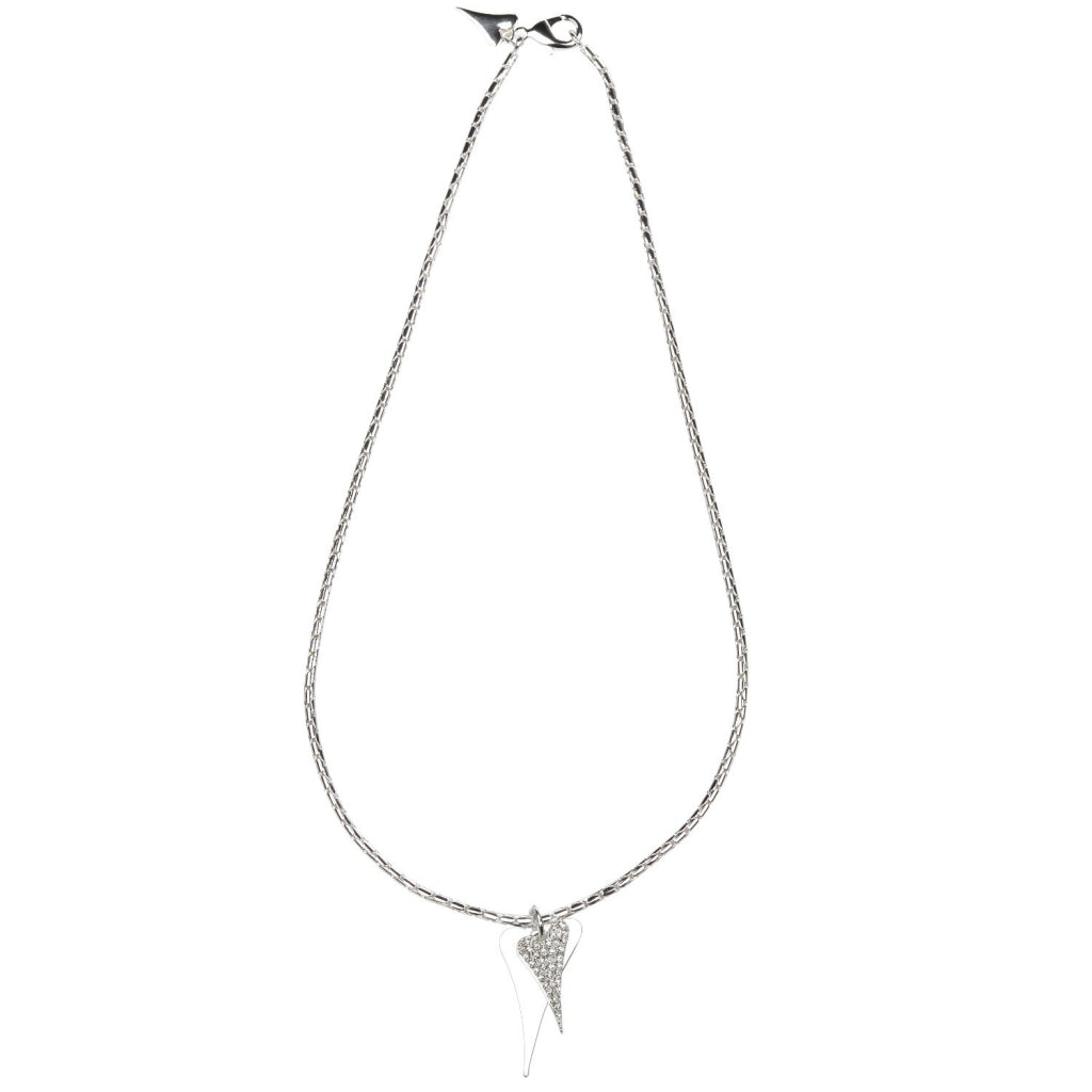 Necklace Long Silver chain with 2  solid & diamante hearts