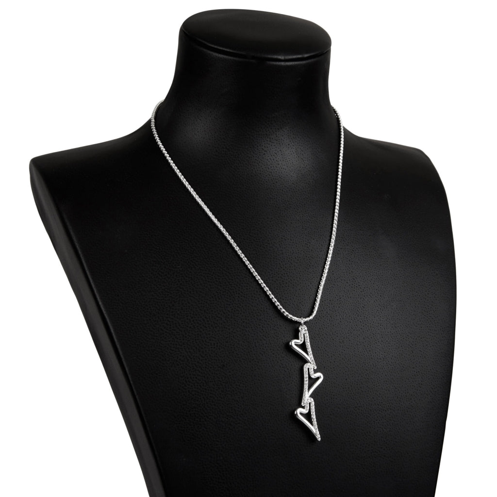 SILVER 3 HOLLOW/DIAMANTE HEATRS NECKLACE*