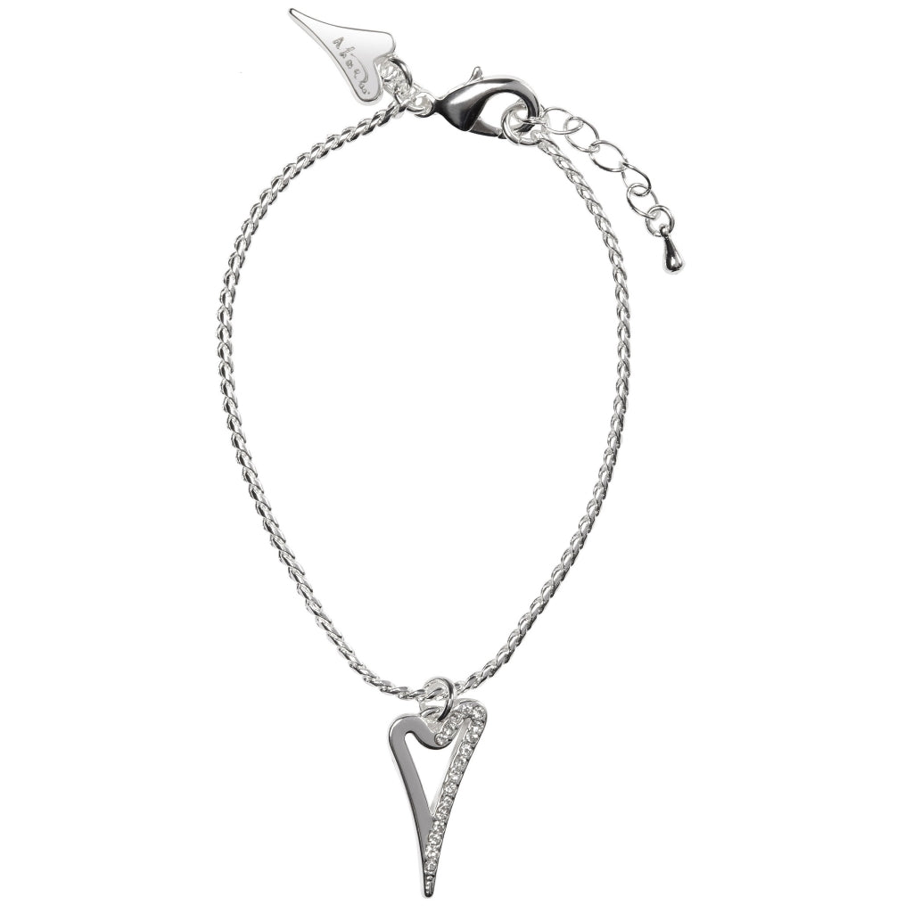 Bracelet silver with hollow heart 1/2 plain, 1/2 diamante