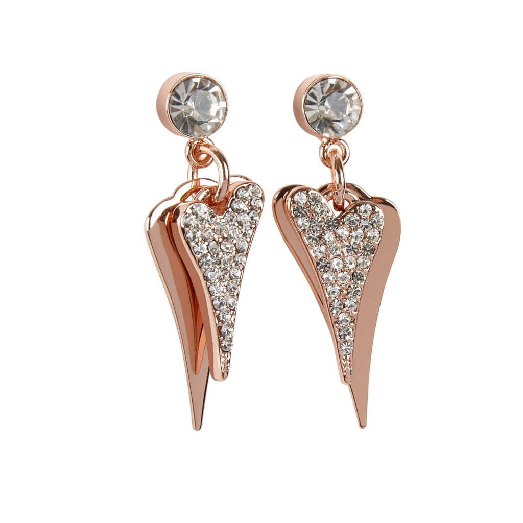 ROSE GOLD 2 SOLID & DIAMANTE HEARTS EARRINGS*