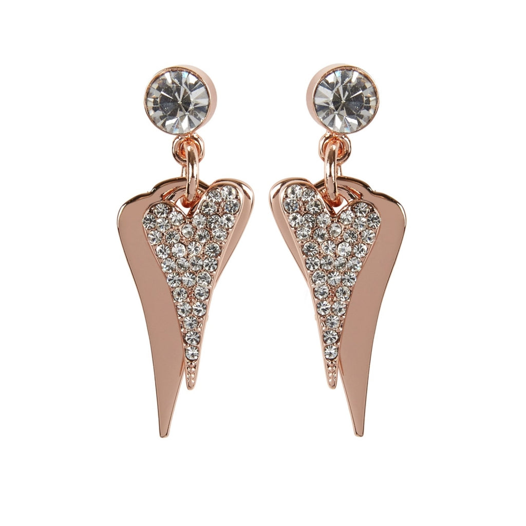 Earring Rose Gold 2 solid & diamante drop hearts