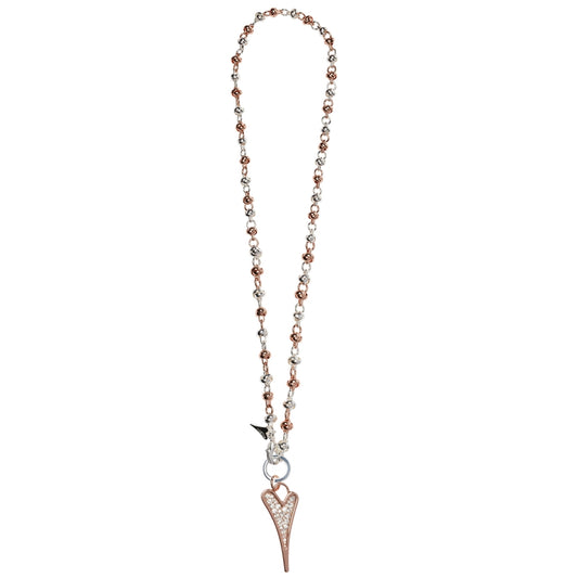 Necklace Long Silver/Rose Gold Knotted chain & diamante heart