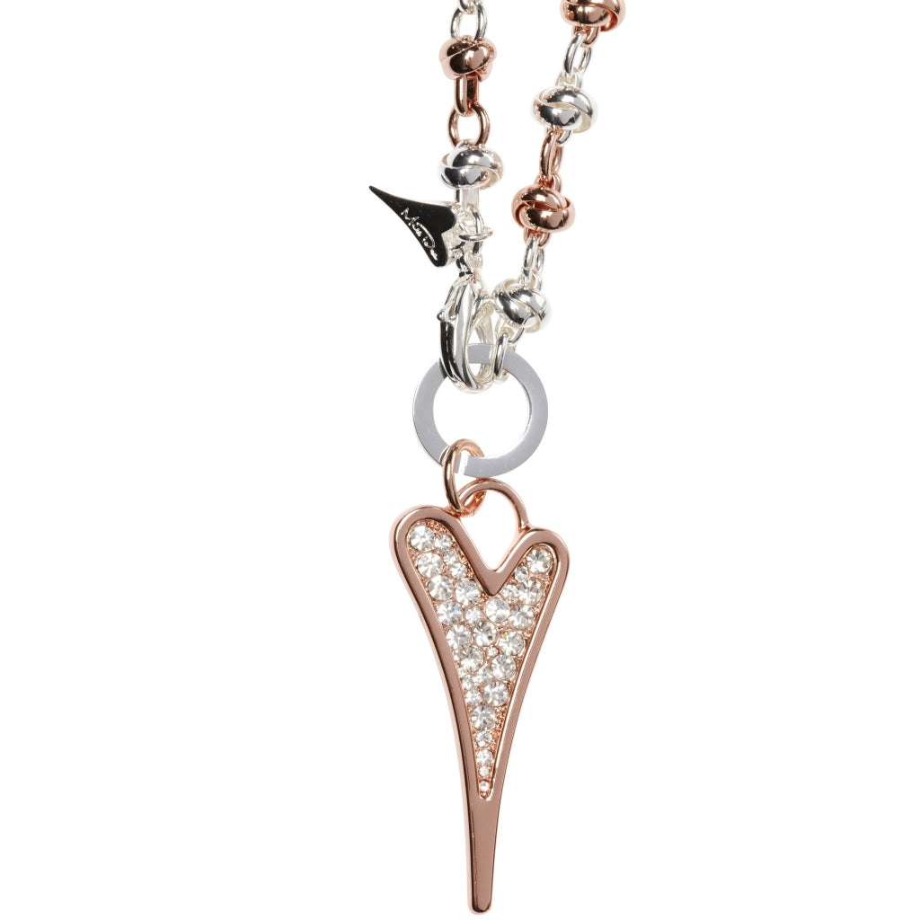 Necklace Long Silver/Rose Gold Knotted chain & diamante heart