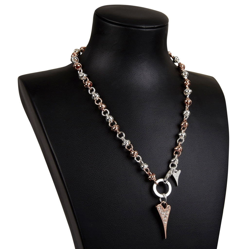 Necklace Short Silver/Rgold Notted Chain & diamante heart