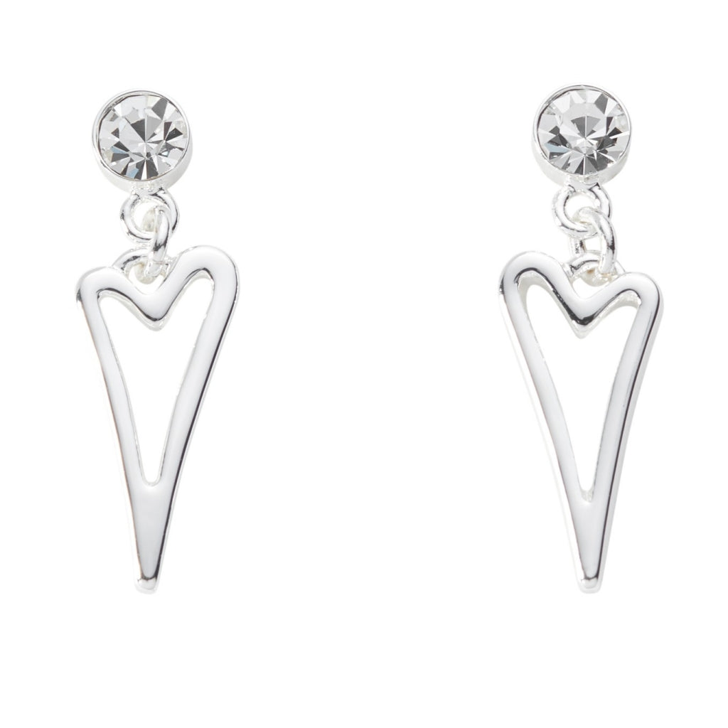 Earrings clear diamante stud with a silver hollow heart drop