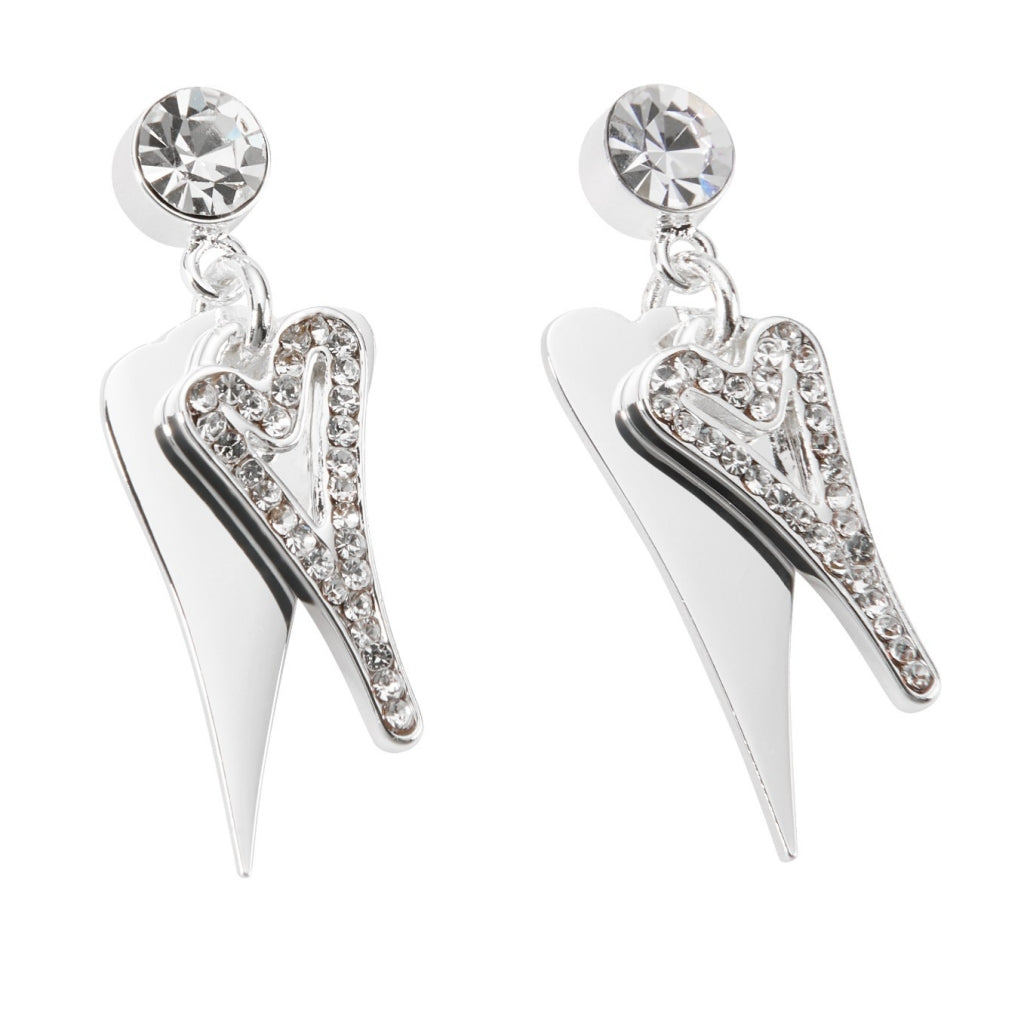 Earrings silver solid & hollow diamante hearts