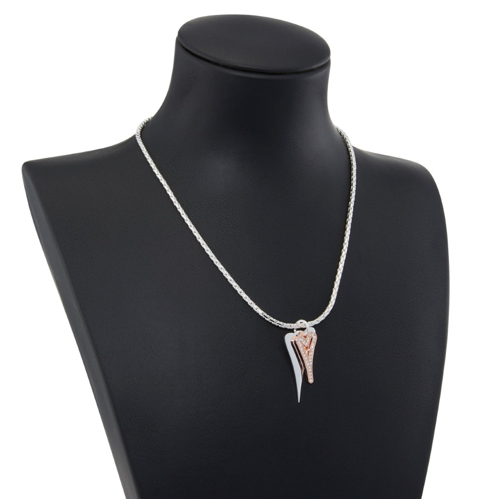 Necklace silver chain with 2tone solid & diamante hearts