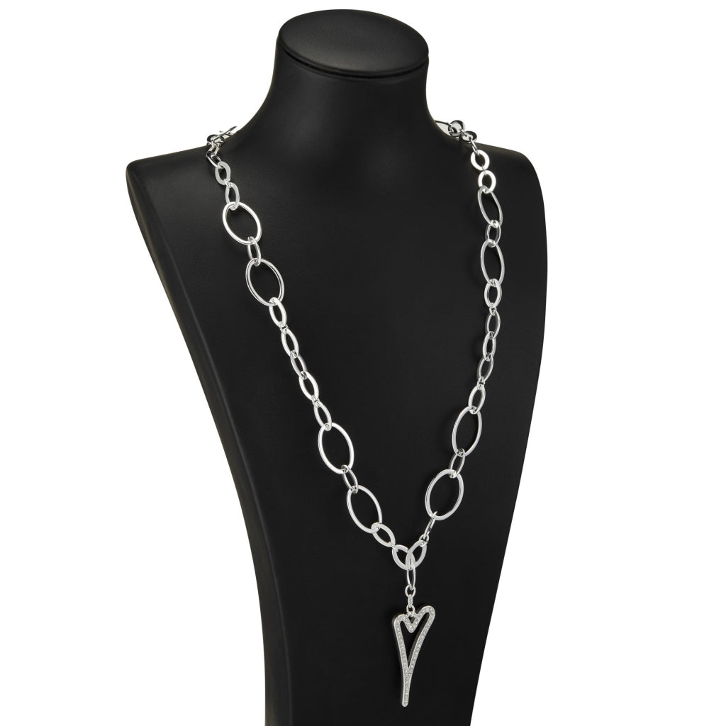 Necklace Silver 70cm multi link with a hollow diamante heart