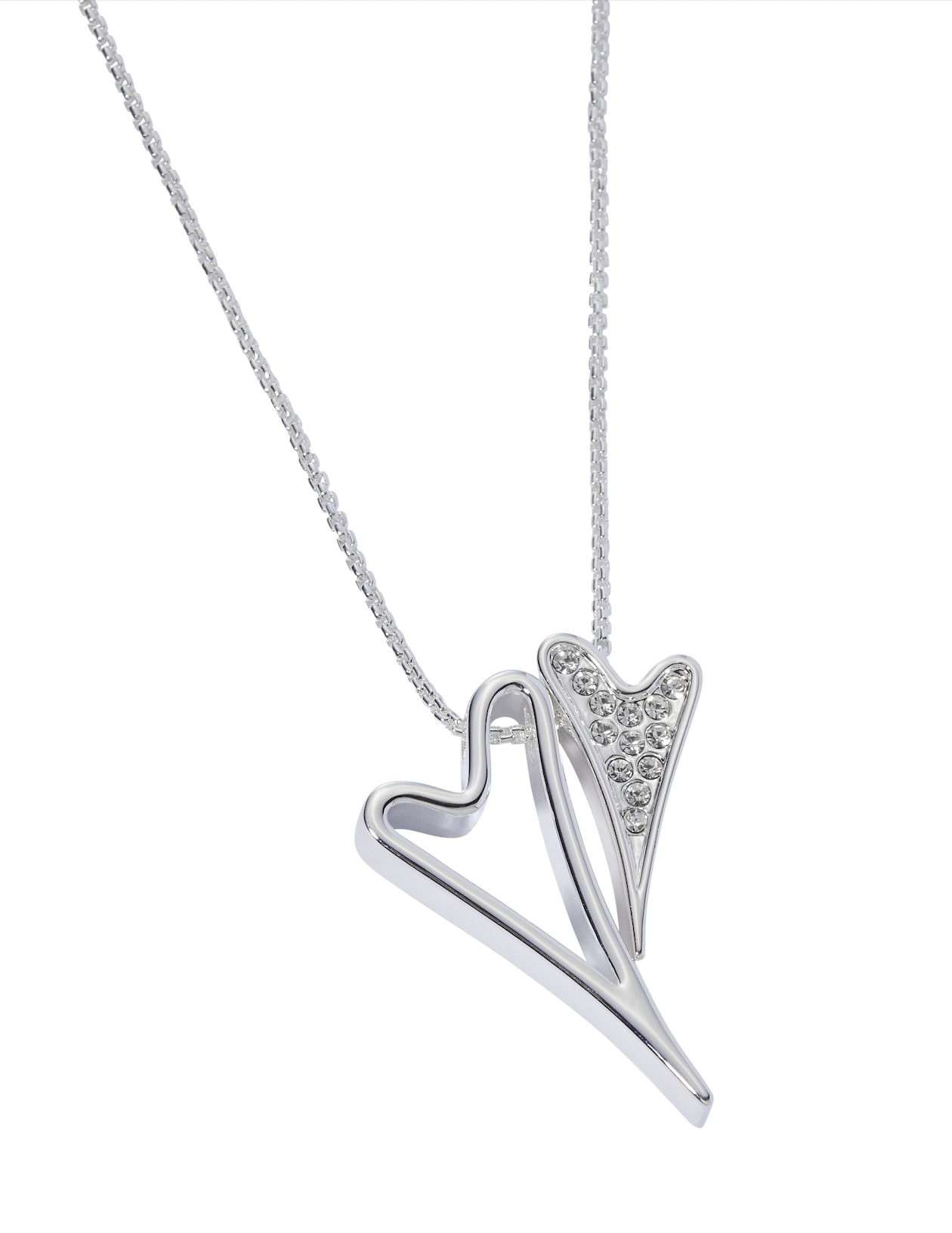 Necklace Silver with a hollow & diamante hearts pendant